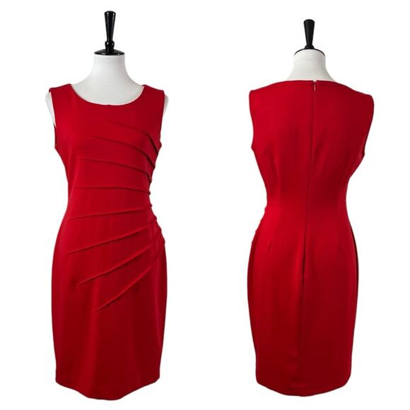 Calvin Klein Sheath Dress Sunburst Ruched Sleeveless Red Crimson Women’s Size 8 - Picture 14 of 15